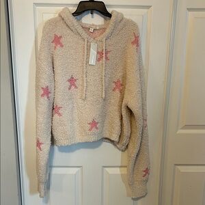 ANORA MODE Cream and Pink Star Crop Fuzzy Hoodie Sweater NWT Women's XL
